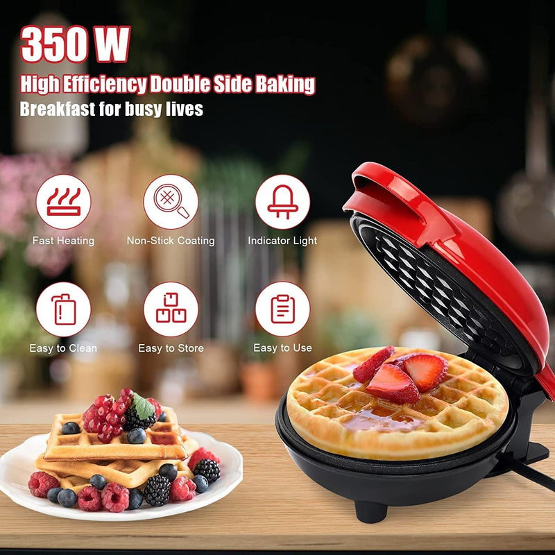 Kitchengenix's Mini Waffle Maker 4 Inch- 350 Watts: Stainless Steel Non-Stick Electric Iron Machine for Individual Belgian Waffles, Pan Cakes (Mini Waffle Maker + Waffles Recipe Book) (RED)