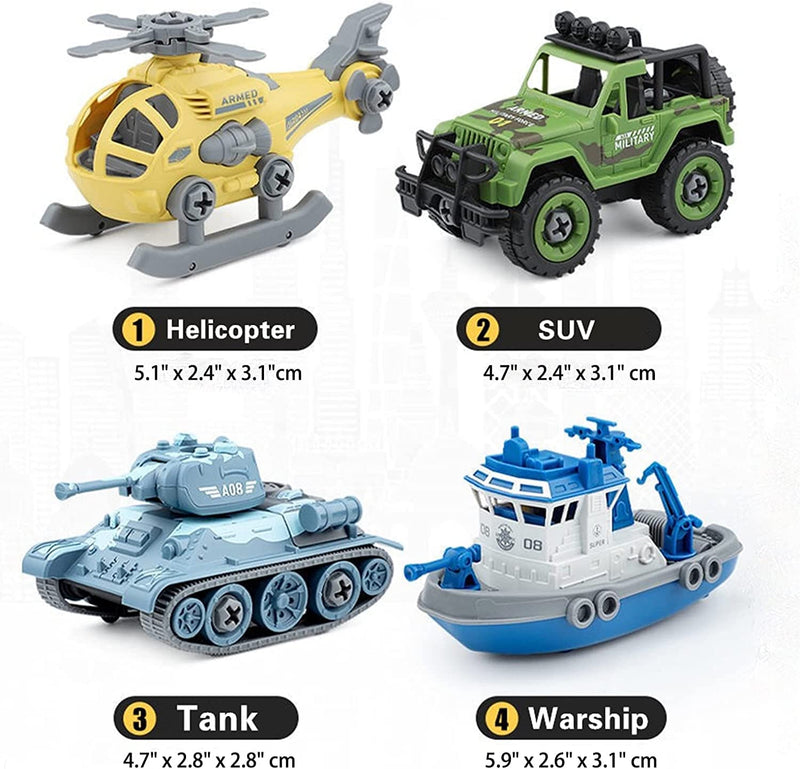 Kiddie Galaxia® Military Army Foldable Vehicles Car Toy 4 Pack with Screwdriver Toy, DIY Kids STEM Toys Including Helicopter,Jeep,Tank and Boat for Toddlers Birthday Gifts for Boys 2 3 4 5 6 Year