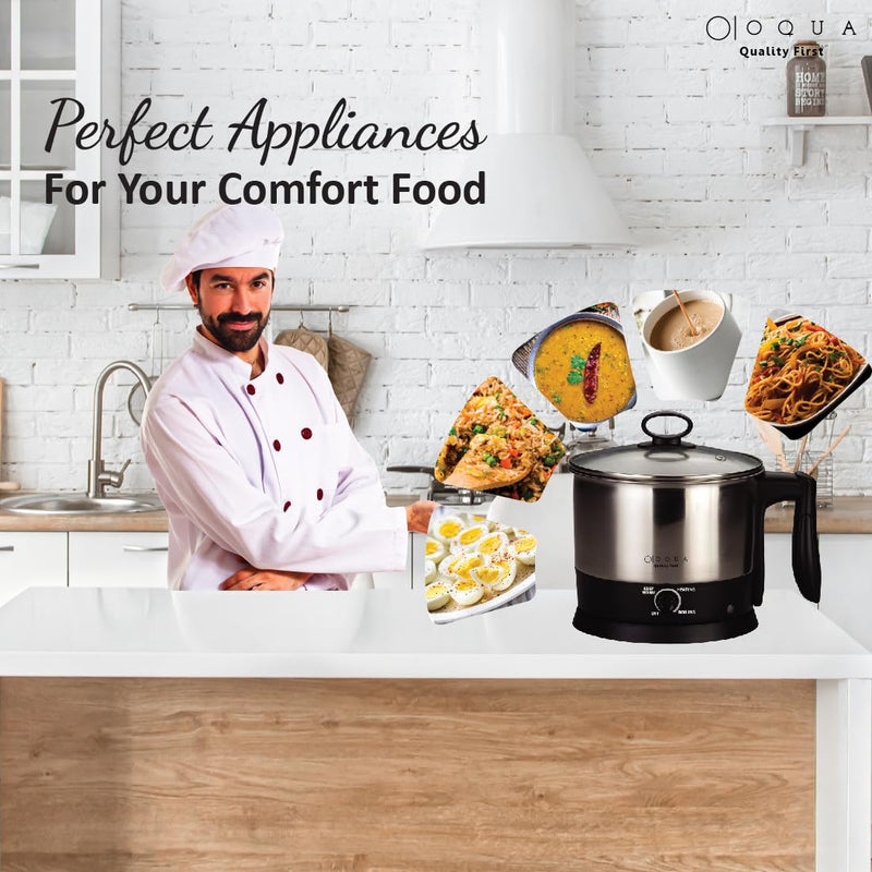 OQUA Premium Noodle & Rice Cooker |Multi Cooker Electric Kettle |Overheat and Boil Dry Protection |Easily Make Noodle, Rice, Porridge, Oats, Soup, Tea & Coffee |Serves Easily 2-3 People 1.5L Capacity