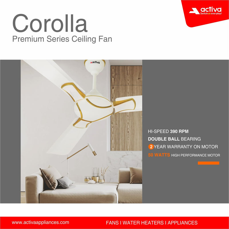 ACTIVA 1200 MM HIGH Speed 390 RPM BEE Approved Anti DUST Coating Pure Copper Corolla Ceiling Fan Pearl Ivory-2 Year Warranty Pack of 2