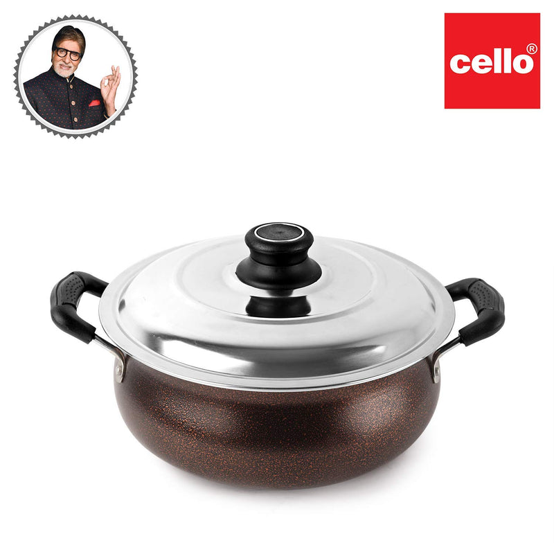 CELLO Non Stick Induction Compatible Gravy/Biryani Handi with Stainless Steel Lid, 2.5 LTR, Brown, 2.5 Liter