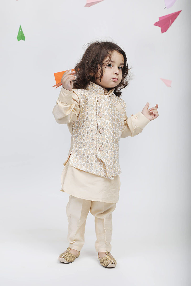 AJ DEZINES Kids Cotton Silk Embroidered Zari 3Pc Kurta Pyjama Set For Boys (518-BEIGE-6)