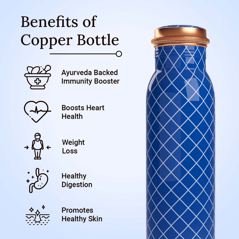 EB-Everything Beautiful Pure Copper Water Bottle 1 Litre with Glass Set made of Tamba in Printed Blue Checkered Standard Design Suitable Birthday Gift for Men & Women by ebstore (1L, 2x 270ml)