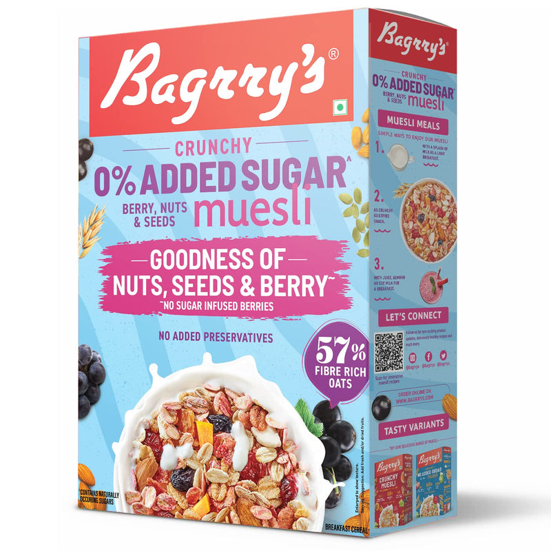 Bagrrys 0% Added Sugar Muesli – Berry, Nuts & Seeds 500g | Whole Grain Breakfast Cereal | Helps Manage Weight |0% Added Sugar| No Sugar infused berries| No Added Preservatives