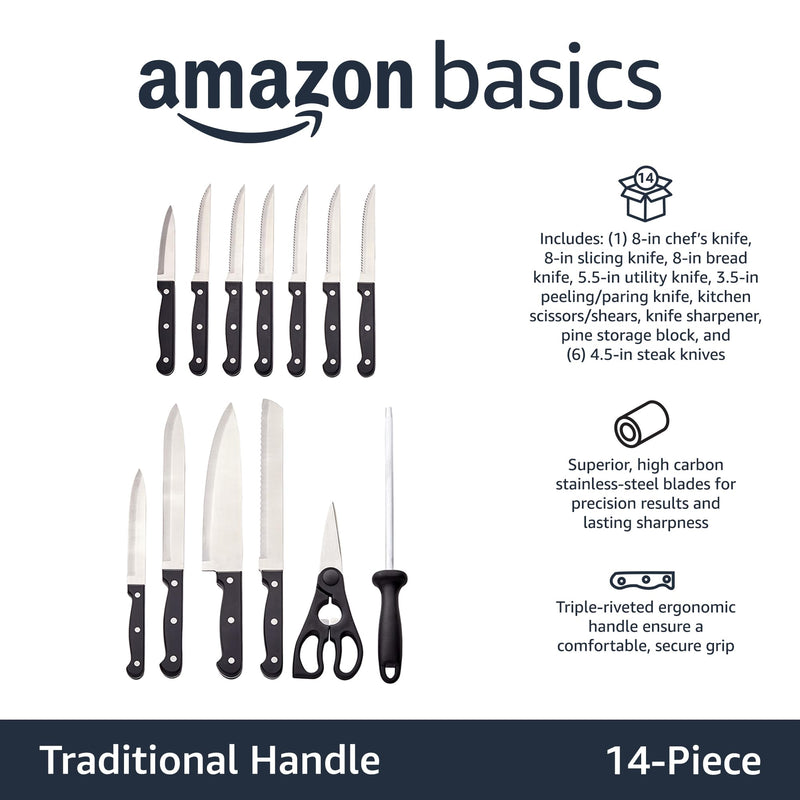 amazon basics Stainless Steel Knife Set with High-carbon Blades and Pine Wood Block, 14 Pieces