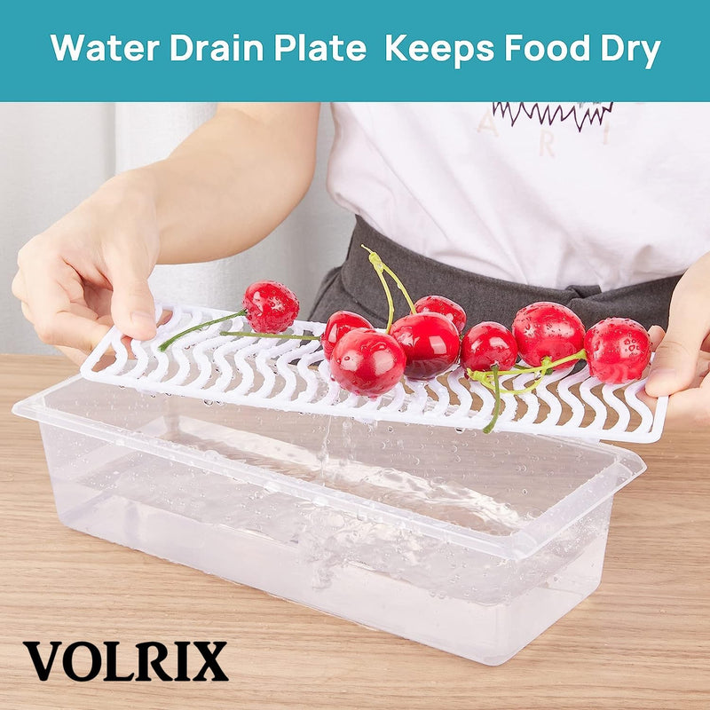 VOLRIX 6pcs Fridge Storage Boxes, Fridge Organizer with Removable Drain Plate Tray, Fridge Storage Containers, Keeps Fruits, Vegetables, Meat, Fish Fresh Longer 1500 ML, Polypropylene