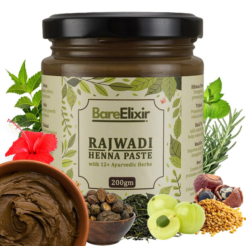 Bare Elixir Pre-Soaked Henna Paste in Black Tea & 12+ Herbs for Hair: 100% Natural Rajasthani Henna, Rich Brown Shade (Pack of 1 x 200g)