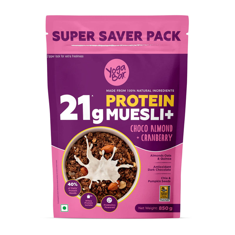 Yogabar Super High Protein Muesli 850g | 27g Protein | With Probiotics and Whey | No Refined Sugar | Easy on gut | Choco Almond | Protein Snack | High Fiber Food | Breakfast Cereal