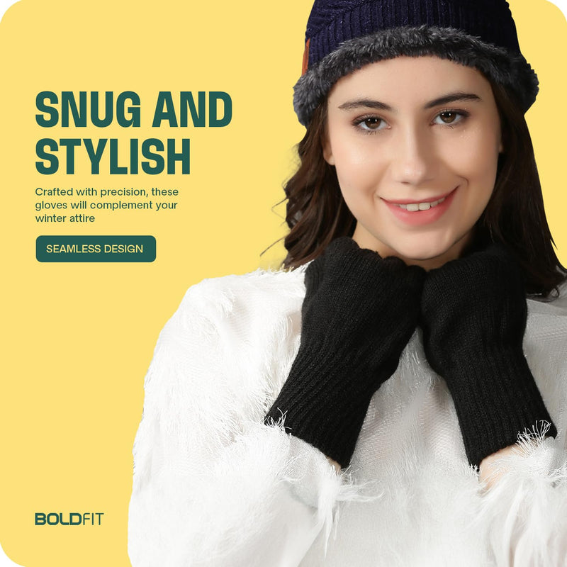 Boldfit Hand Gloves for Men & Women Winter Gloves for Men for Woolen Knitted Winter Gloves for Women Thermal Hand Gloves for Winter Warm Gloves for Women Winter Wear Unisex Hand Gloves - Black 1Pair