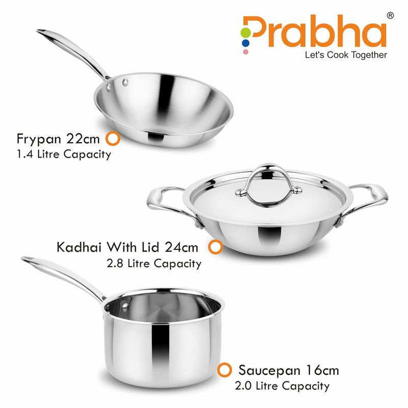 Prabha Tri-PLy Stainless Steel 4Pcs Cookware Set - Supeor Quality Combo for Modern Kitchens