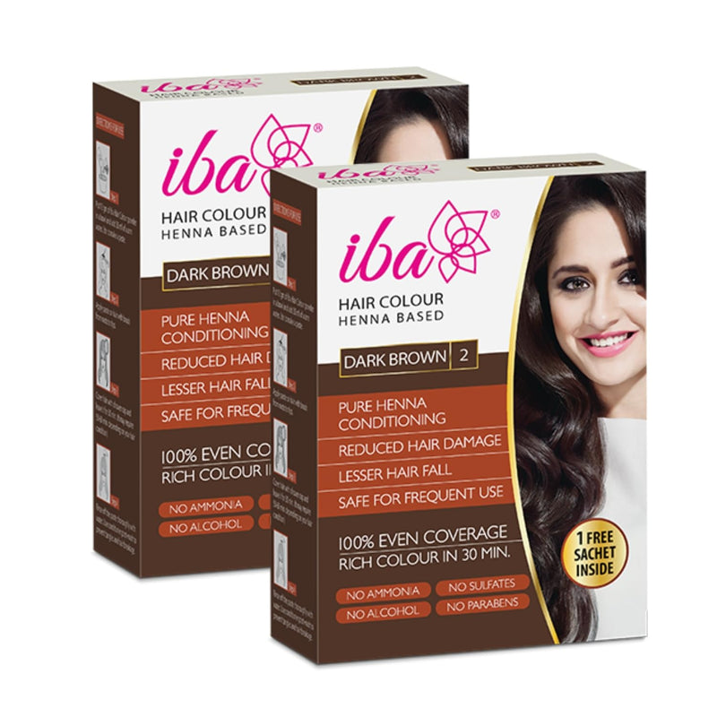 Iba Hair Colour - Dark Brown, 70g (Pack of 2) | 100% Pure Henna Based Powder Sachet | Naturally Coloured Hair & Long Lasting | Conditioning | Reduced Hair fall & Hair Damage | Shine & Nourish Hair | Paraben, Chemical, Ammonia & Sulphate Free Formula