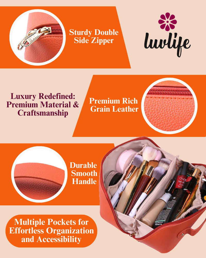 LuvLife Large Capacity Grain Leather Cosmetic Travel Bag for Women Girls, Portable Makeup Pouch, Wide Opening Makeup Organizer Washbag with Handle Divider Toiletry Bag for Storage FREE E-Book Included