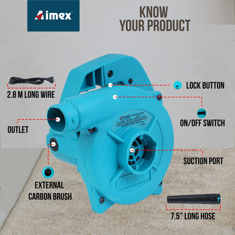 Aimex DT-601 Electric Air Blower, Blow Rate 3.5 m3/Min, Heavy Motor, 13000 RPM, Professional Quality, Clears Away Dust Particles from Furniture, Cars, Windows & Other Rigid Surfaces, 2.8 M Wire