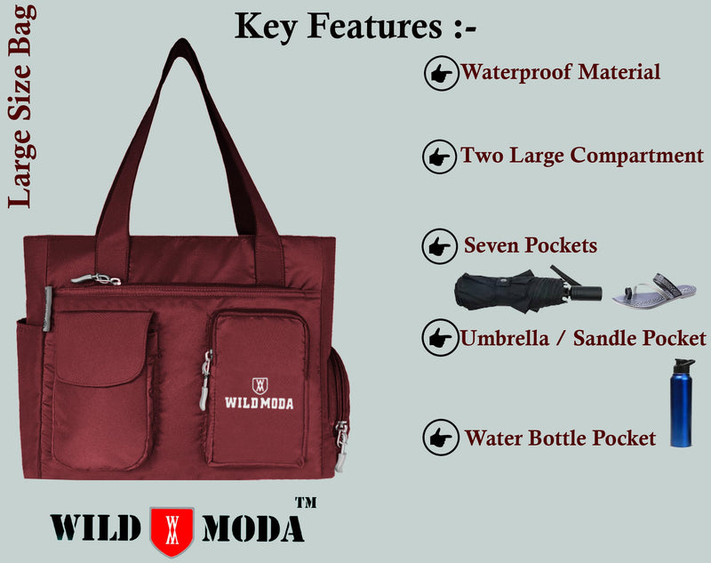 WILD MODA Classic Polyester Double Pocket Shoulder Bag (Maroon)