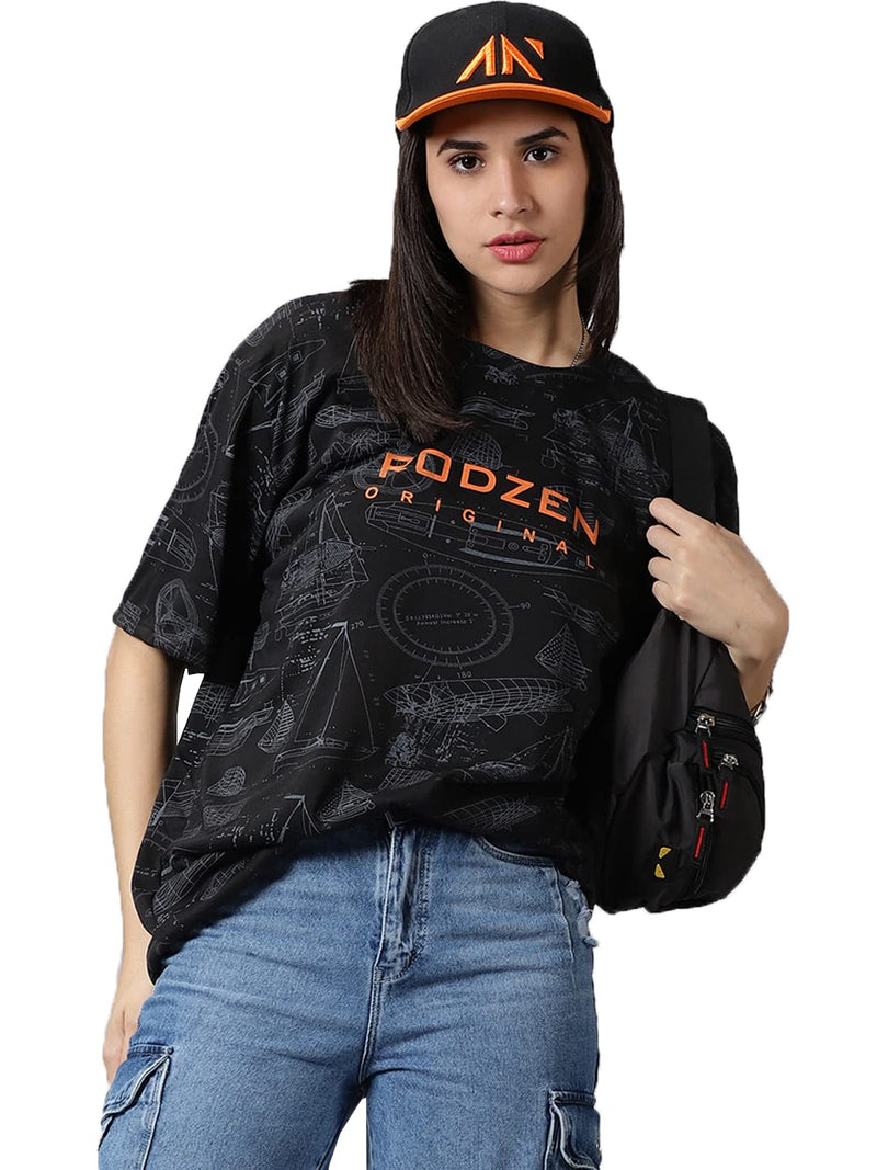 RodZen Oversized Loose Fit Cotton Blend Round Neck Boat Printed T-Shirt for Womens/Girls (Black, XL)