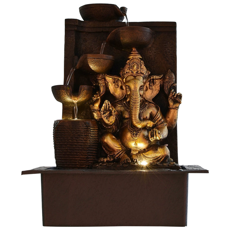 Indiana Craft Ganesha Polystone 5-Steps Indoor Table Top Fountain with LED Lights and Water Pump (Brown, Golden, 40 X 31 X 23 cm)