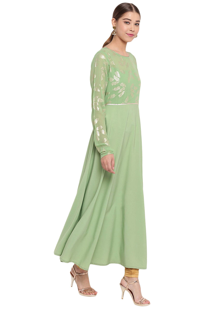 Janasya Women's Light Green Poly Crepe Botanical Print Gown Kurta