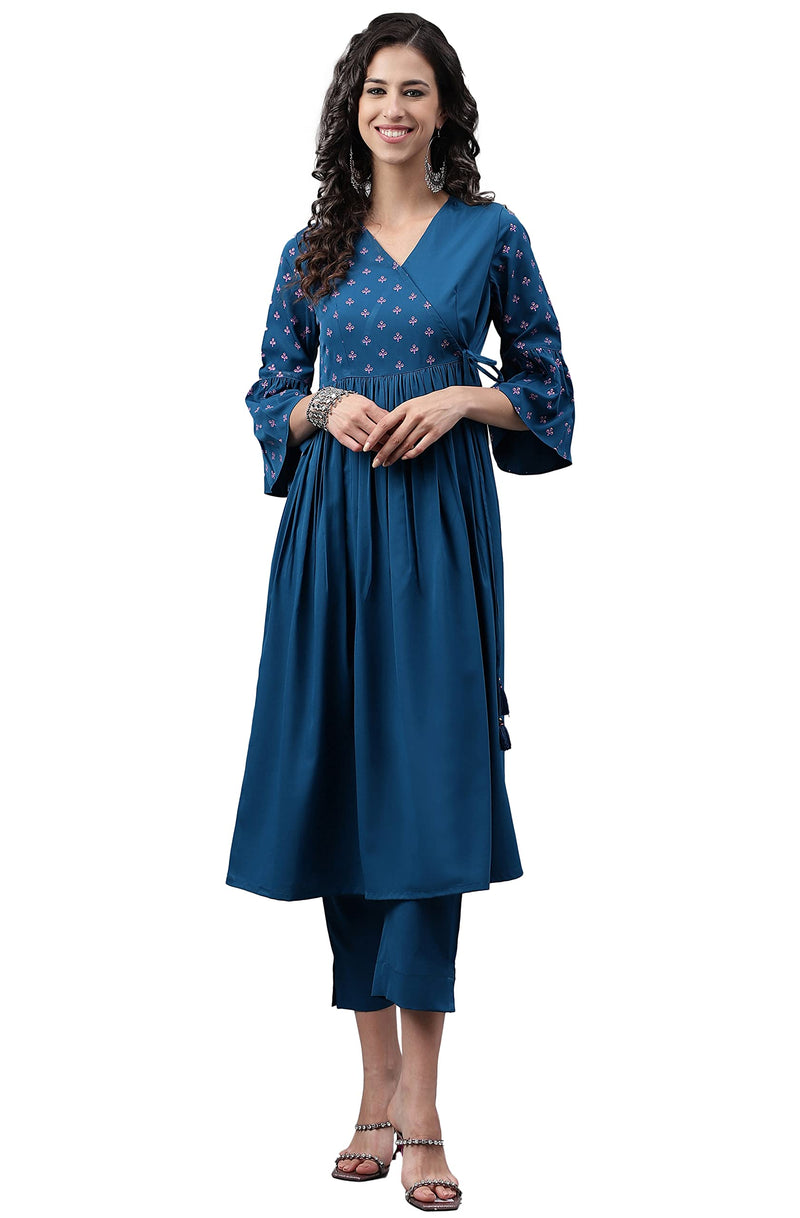 Janasya Women's Blue Crepe Solid Angrakha Kurta(JNE4148-KR-A-L)