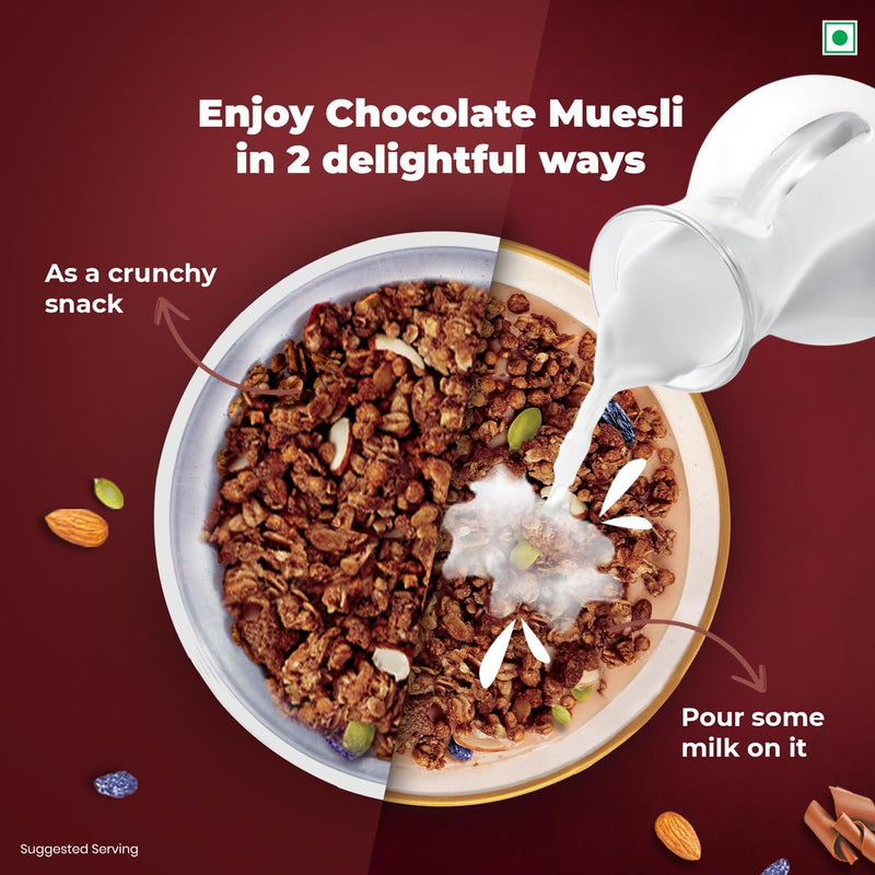 New Kellogg's Chocolate Muesli 57% Multigrain, Fruit, Nut & Seeds 450g | 7in1 - Oats, Wheat, Corn, Rice, Almonds, Pumpkin Seeds & Black Raisins | Source of Protein & Fibre, Multigrain Breakfast Cereal