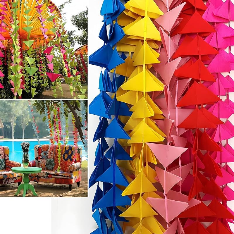 Divyakosh Decorative Triangle Net Cloth Garlands/Wind Chime 4ft. Triangle Hanging (10 Strings/latkan,Hanging for Mehndi, Haldi, Wedding, Party Dcor/Backdrops