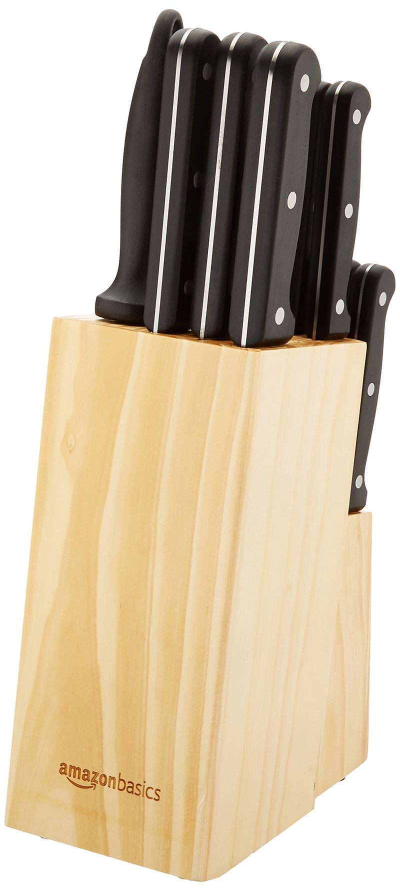 amazon basics Stainless Steel Knife Set with High-carbon Blades and Pine Wood Block, 14 Pieces