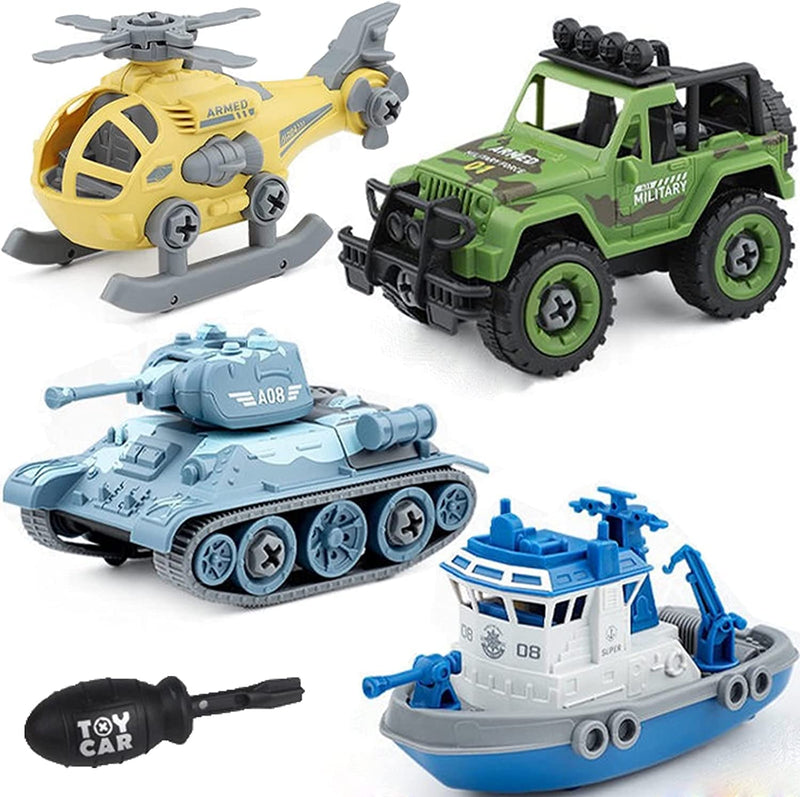 Kiddie Galaxia® Military Army Foldable Vehicles Car Toy 4 Pack with Screwdriver Toy, DIY Kids STEM Toys Including Helicopter,Jeep,Tank and Boat for Toddlers Birthday Gifts for Boys 2 3 4 5 6 Year