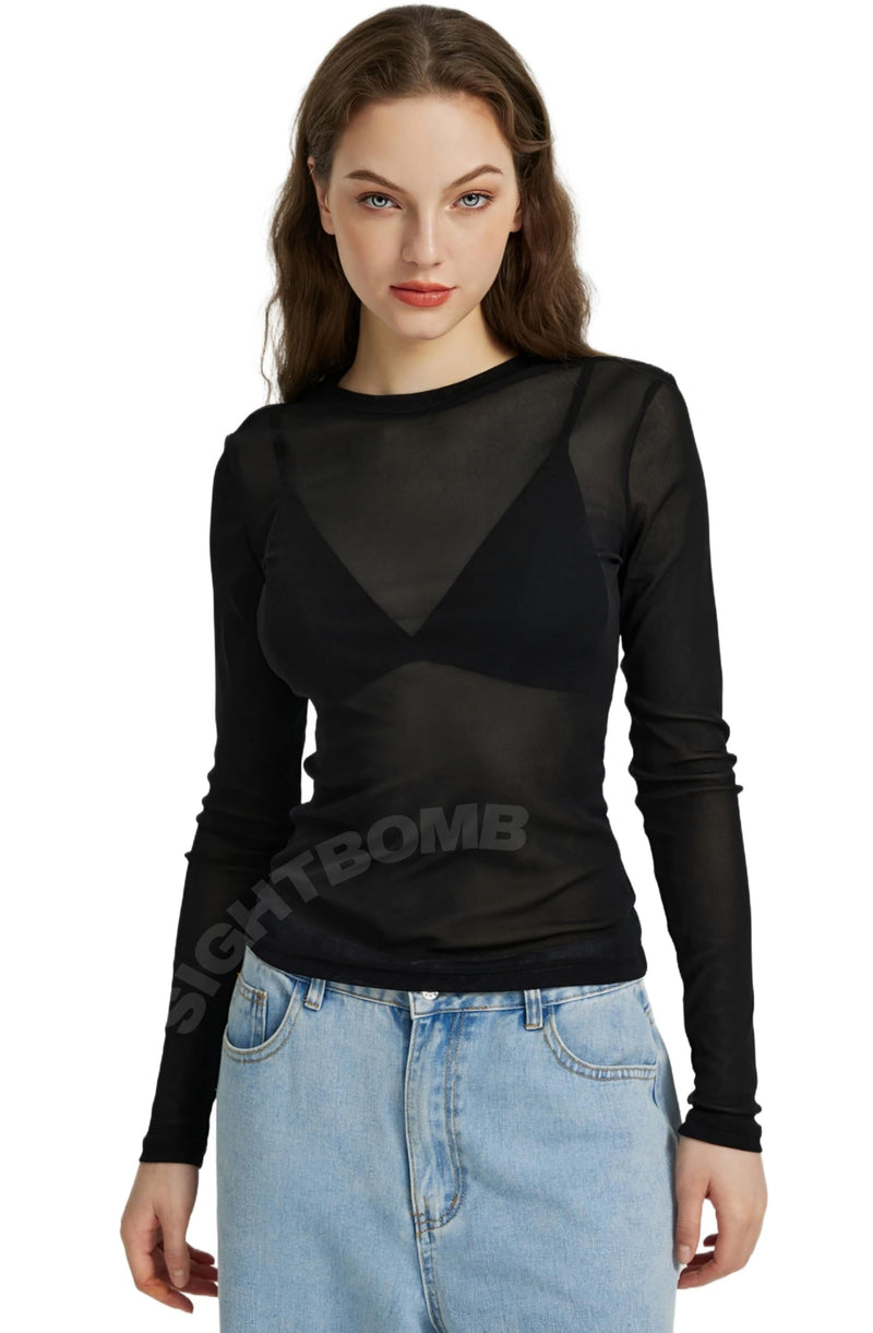 SIGHTBOMB Sheer NET Round Neck Tshirt for Women (Small-Medium, Black)