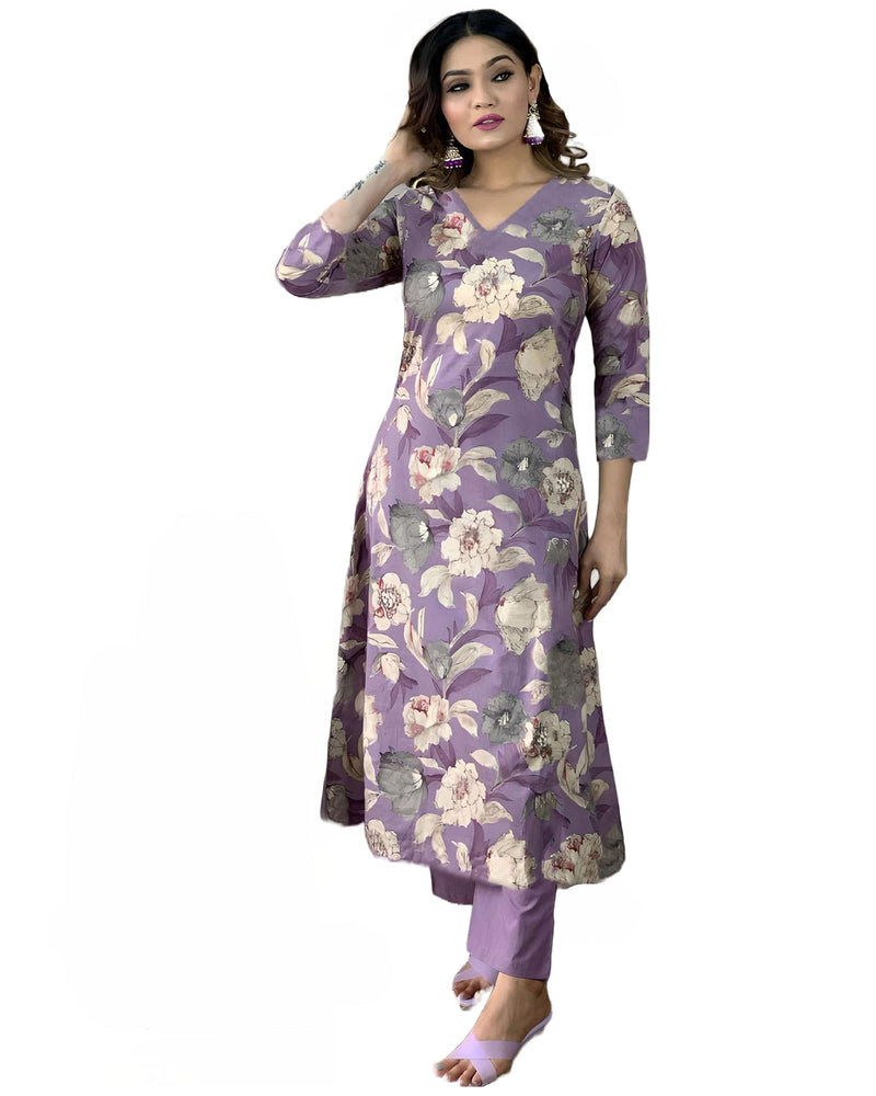 GoSriKi Women's Rayon Floral Straight Kurta with Pant Set (DHUN-GS_Purple_X-Large)