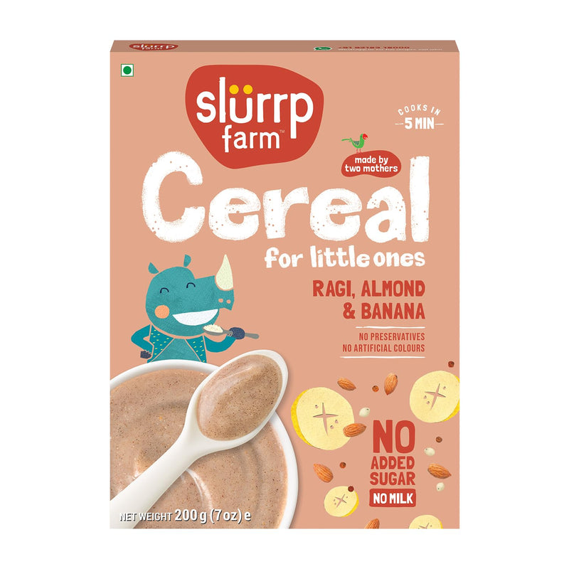 Slurrp Farm No Sugar, No Salt Ragi, Almond and Banana Cereal | 100% Sprouted Ragi | Healthy Cereal | No Milk | No Preservatives, 200g