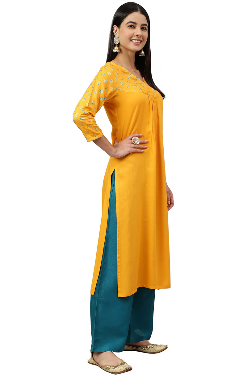 Janasya Women's Orange Rayon Gold Floral Print Straight Kurta(OFF-1201-KR-S)