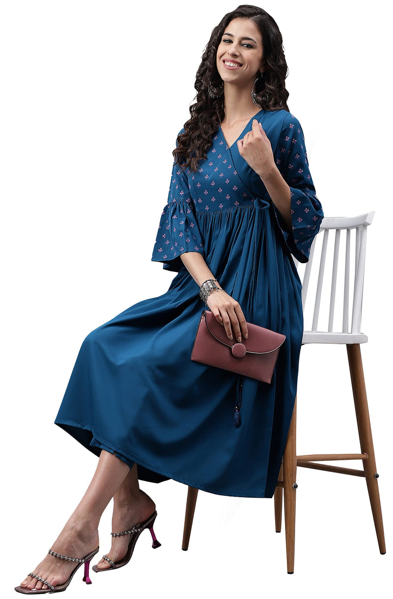 Janasya Women's Blue Crepe Solid Angrakha Kurta(JNE4148-KR-A-L)