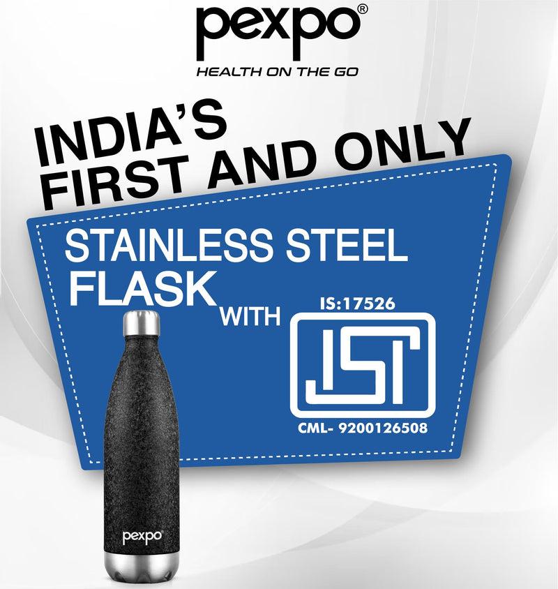 Pexpo Stainless Steel 24 Hrs Hot and Cold Vacuum Insulated ISI Certified Flask, 500ml, Black, Set of 1, Electro | Double Wall Flask | BPA Free | Office | School | Home | Kitchen | Travel | Hiking