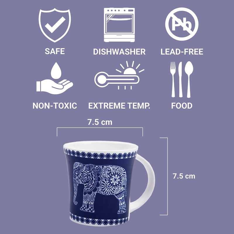 Femora Majestic Elephant Design Tea Cups, Ceramic Tea Cups, Coffee Mugs (160 ml) - 6 Pcs Set (Blue)