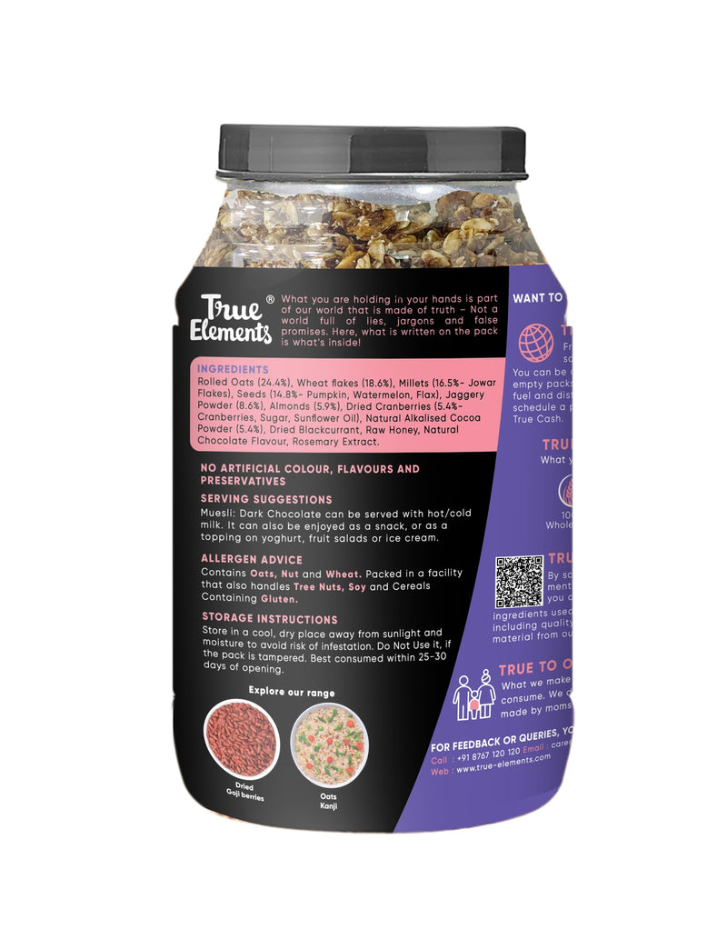 True Elements Dark Chocolate Muesli 1kg | Nuts & Berries Muesli | 13g Clean Protein | 13% Millet | Cereal for Breakfast | Gluten Free Breakfast