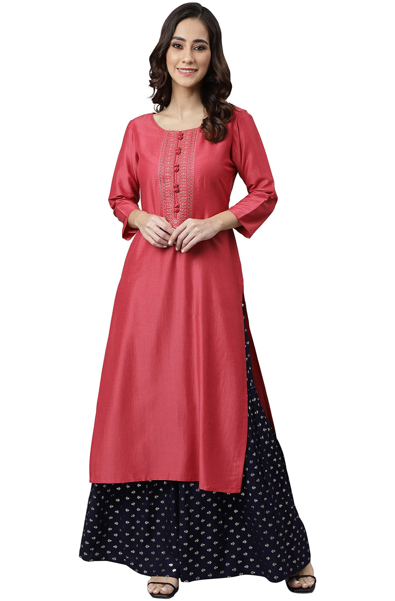 Janasya Women's Pink Poly Silk Embroidered Straight Kurta(JNE3982-KR-L)