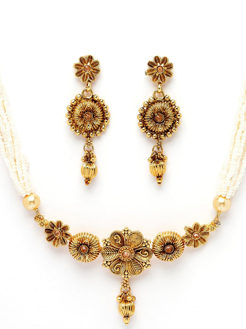 Sukkhi Attractive Gold Plated Gold Beads Copper Choker Necklace Set with Drop Earring | Jewellery Set For Women (NS105536)