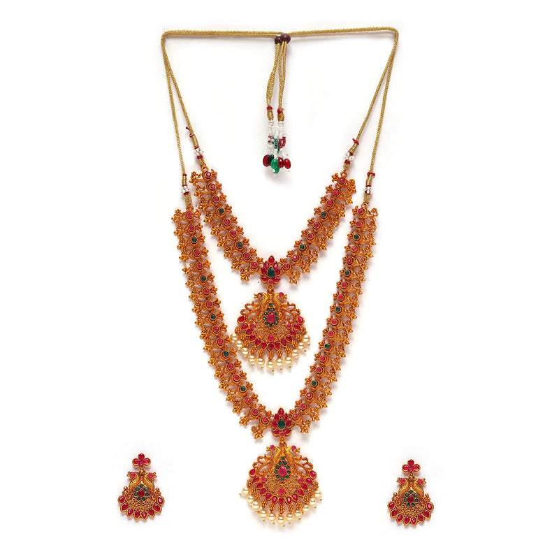 Estele Gold Plated Sublime Devotion Nakshi Antique Necklace Set with Colored Stones & Pearls for Women, Dull Gold