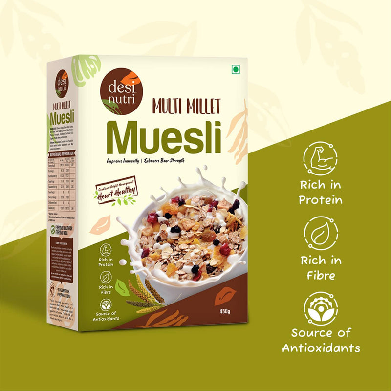 Desi Nutri Multi Millet Museli | Ready to Eat Healthy Museli | Rich In Protein & Fibre | An Energy Powerhouse | Perfect for Breakfast or Evening Suppers | 450 gms