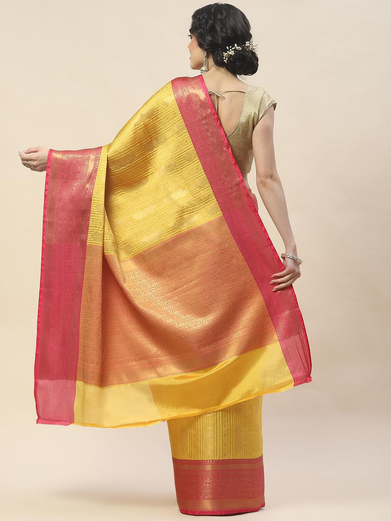 Meena Bazaar Zari Jaal Woven Cotton Saree With Blouse (Mustard)