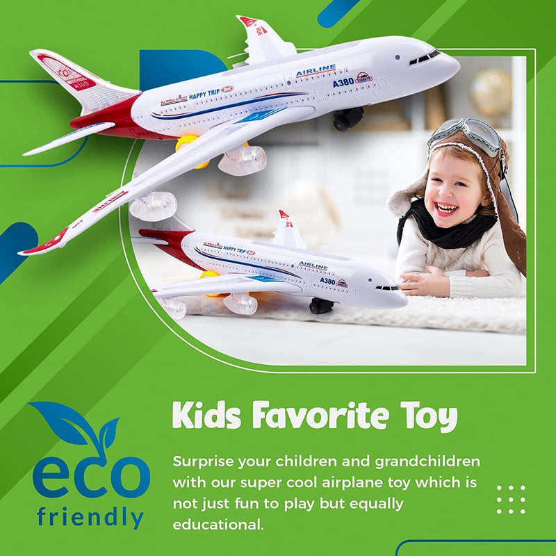 Toyshine Airplane Toys for Kids, Bump and Go Action, Toddler Toy Plane with LED Flashing Lights and Sounds for Boys & Girls 3-12 Years Old (A380)- Mix Design