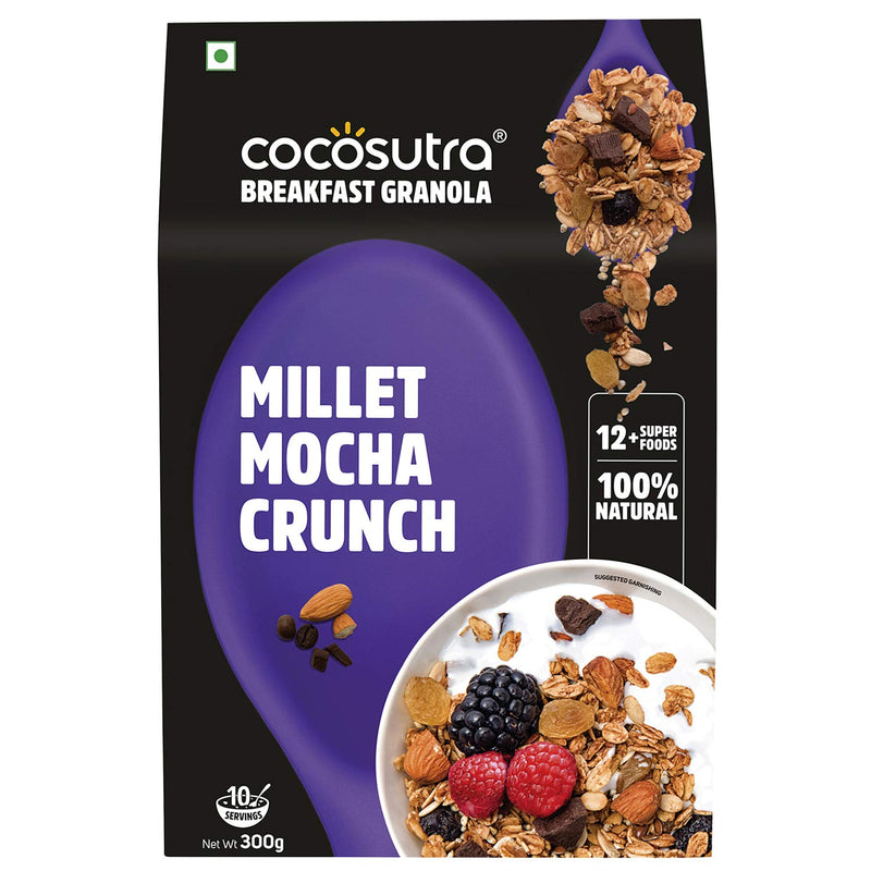 Cocosutra Millet Mocha Crunch Breakfast Granola - 300 g | 100% Natural, Vegan & Gluten Free | High Protein Cereal with Oats, Nuts, Seeds and Dry Fruits | Lightly sweetened with Jaggery