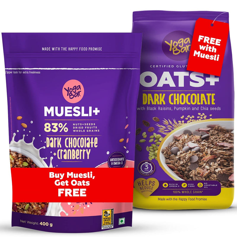 Yogabar Breakfast Oatmeal and Muesli Combo | Dark Chocolate Muesli 400g | Dark Chocolate Oats 400g | Gluten Free Muesli and Whole Oatmeal for Breakfast