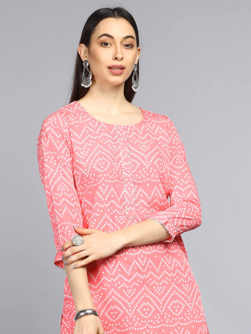 Vaamsi Women's Poly Crepe Bandhani Printed A-line Kurta Palazzo Set (PKSET1004_Pink_XL)