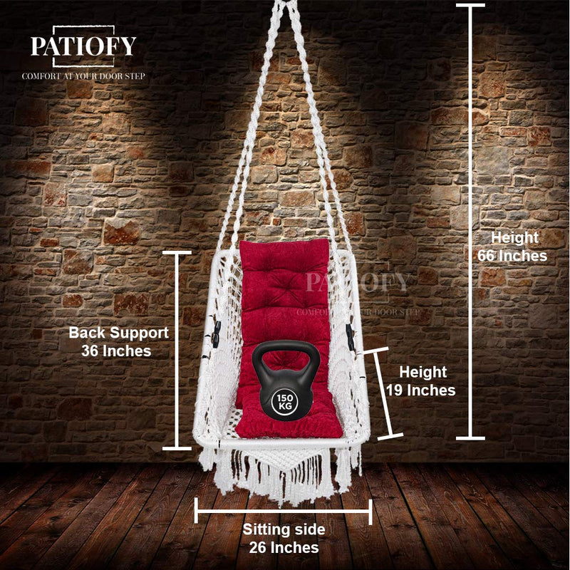 Patiofy Premium Rectangle Shape Swing/Swing for Balcony/Swing for Adults/Swing Chair for Adults for Home/Hammock Swing for Adults/Jhoola Jhula for Adults with Red Square Cushion & Hanging Kit- White