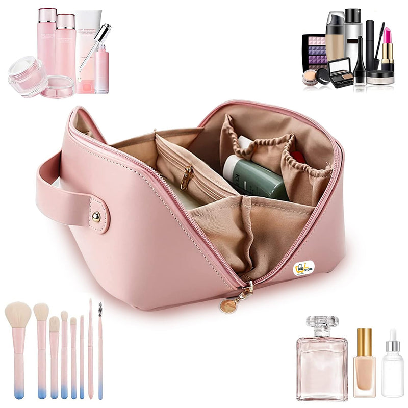 BEEISTORE Large Capacity Cosmetic Travel Bag 12cms, Makeup Organizer Bag for Home, Girls Makeup Travel Bag Portable Leather Cosmetics Bags, Makeup Kit Storage with Handle, Wide Opening (Pink)