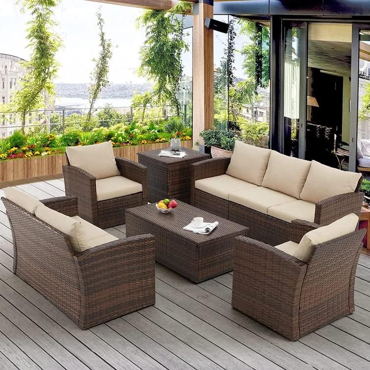 LOCCUS 6 Pieces Patio Conversation Set, Outdoor Sectional Wicker Sofa PE Rattan Furniture Set with Thick Cushions, Beige