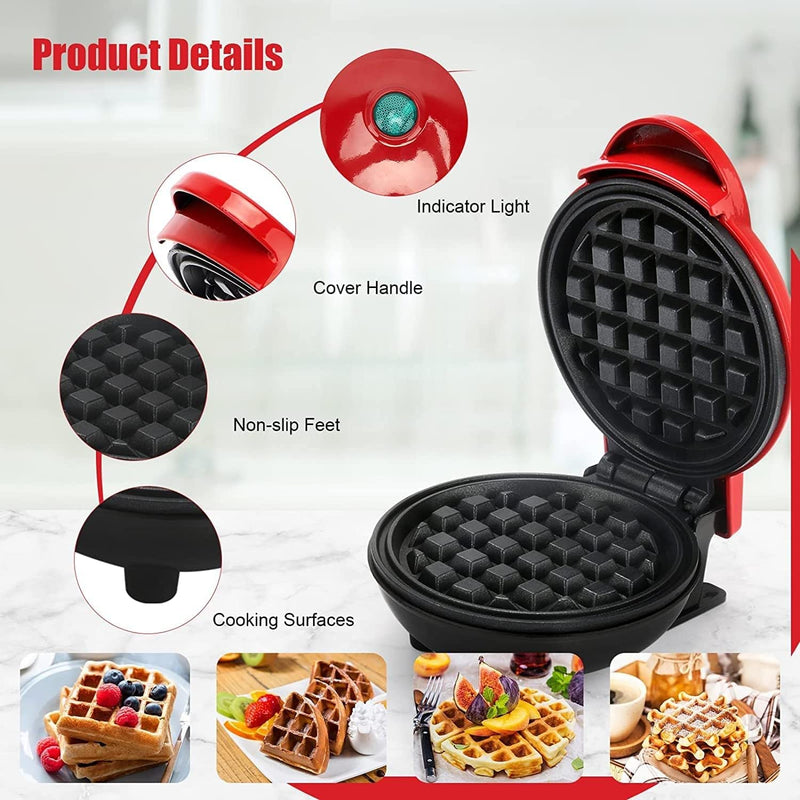 Kitchengenix's Mini Waffle Maker 4 Inch- 350 Watts: Stainless Steel Non-Stick Electric Iron Machine for Individual Belgian Waffles, Pan Cakes (Mini Waffle Maker + Waffles Recipe Book) (RED)