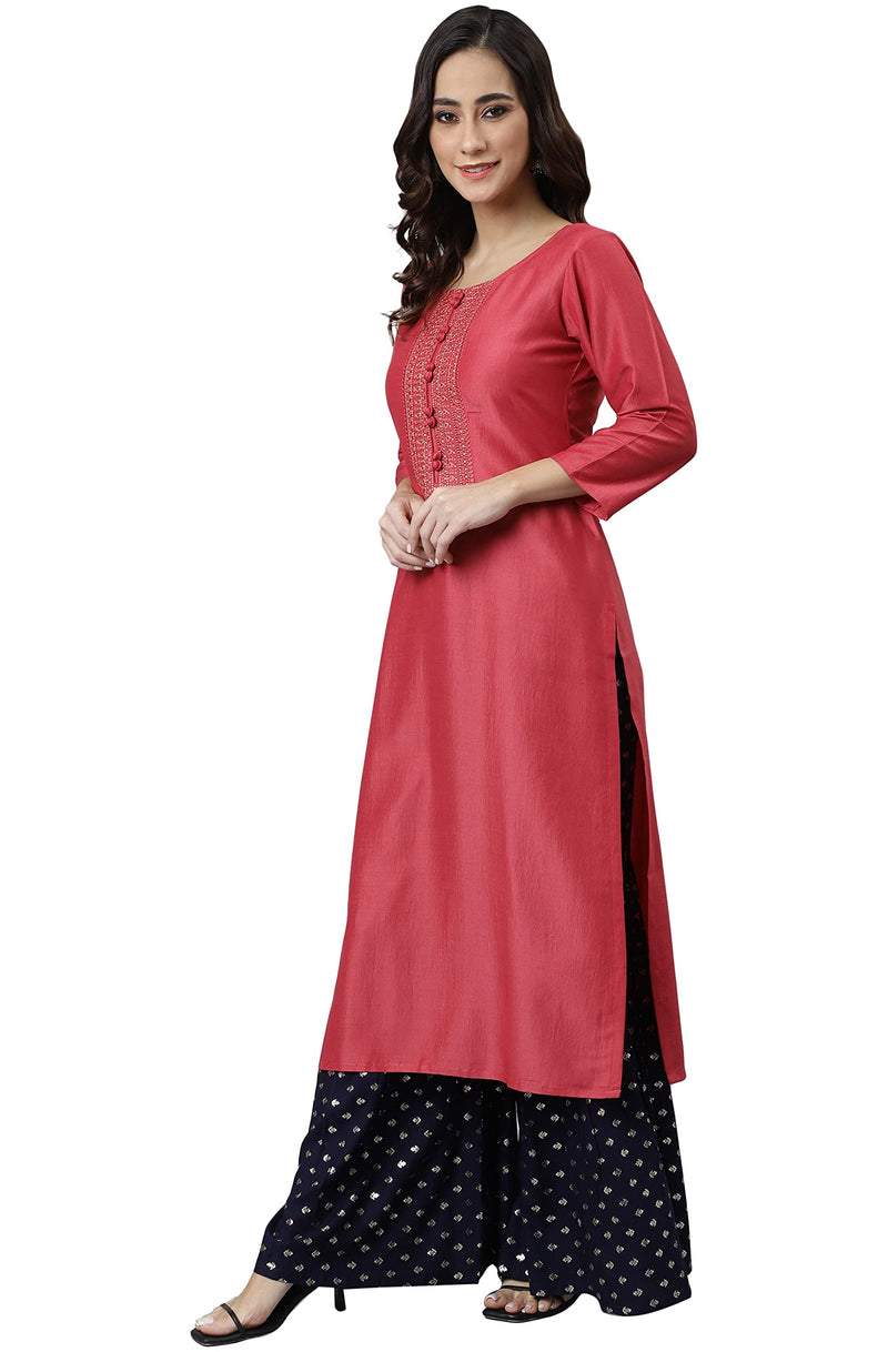 Janasya Women's Pink Poly Silk Embroidered Straight Kurta(JNE3982-KR-L)