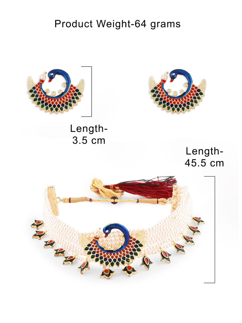 ZAVERI PEARLS Multicolor Meenakari Peacock Inspired Multistrand Pearls Choker Necklace Earring & Ring Set For Women-ZPFK14436