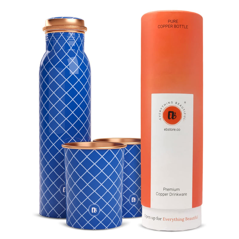 EB-Everything Beautiful Pure Copper Water Bottle 1 Litre with Glass Set made of Tamba in Printed Blue Checkered Standard Design Suitable Birthday Gift for Men & Women by ebstore (1L, 2x 270ml)